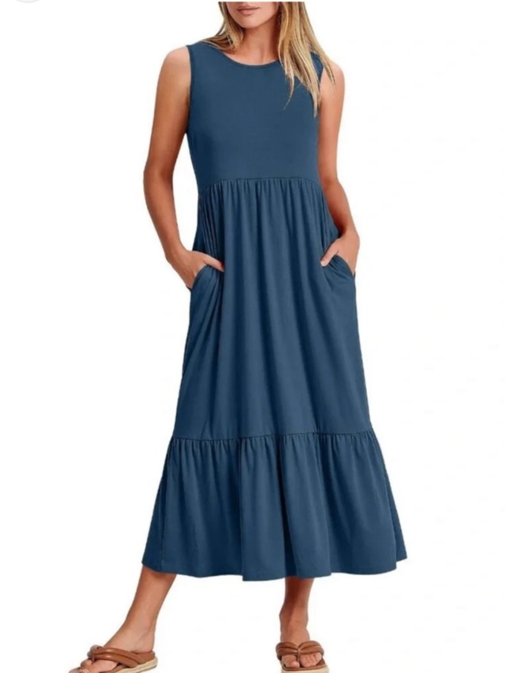 Sleeveless Blue Tiered Maxi Skirt Dress with Pockets